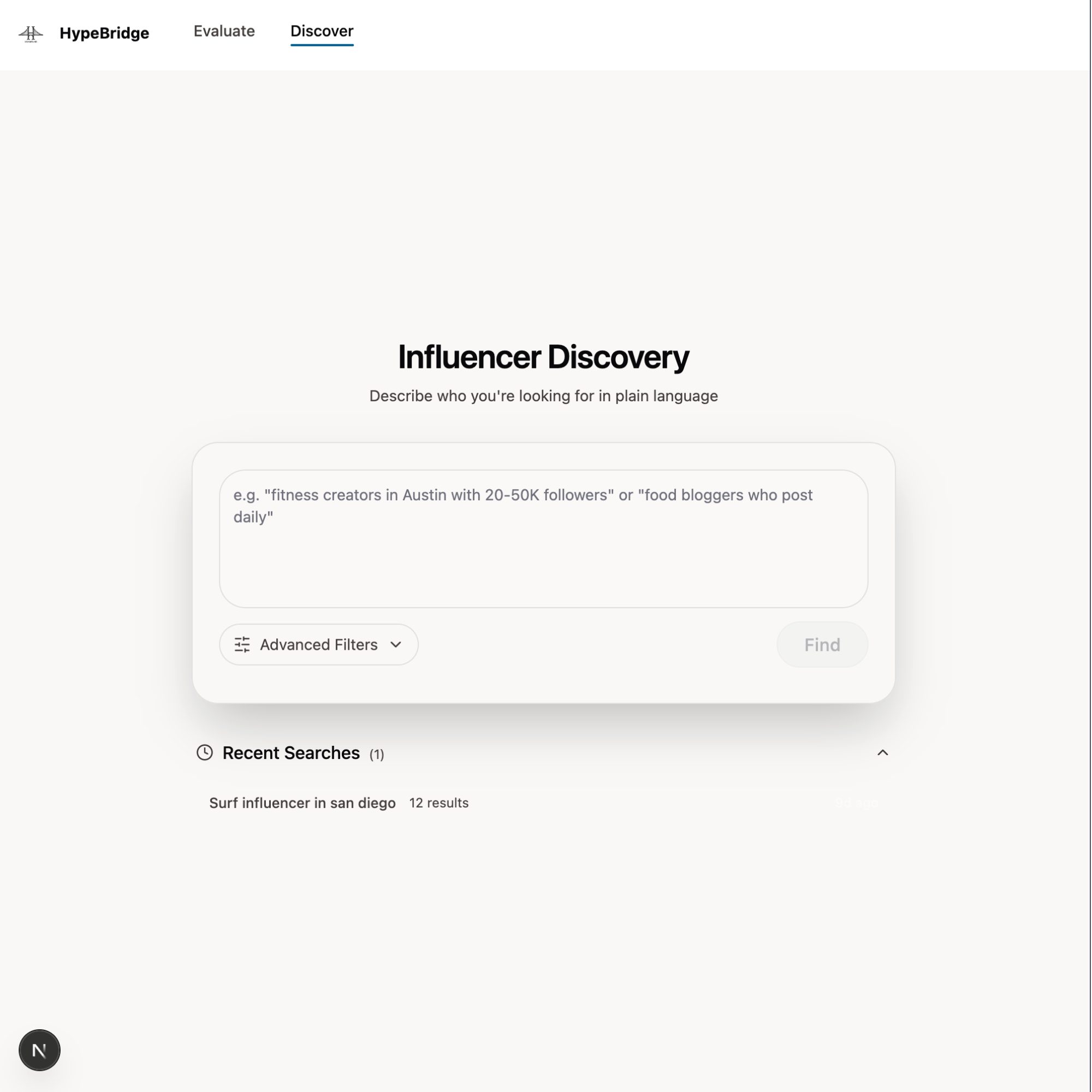 Find Influencers - Type a description of a creator