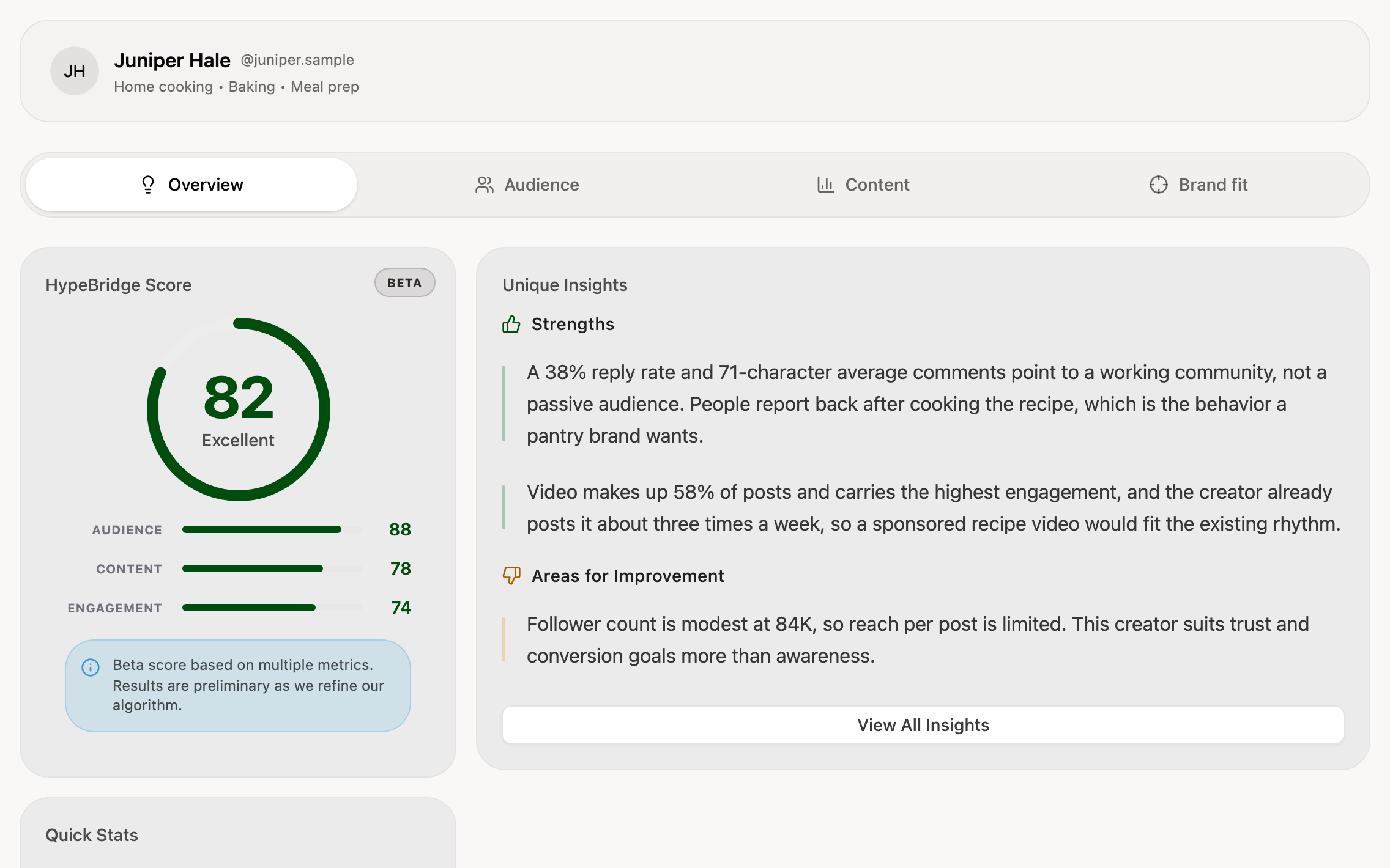 A sample evaluation showing the HypeBridge score, quick stats, and written strengths and risks