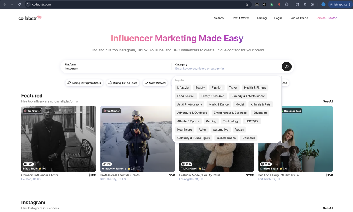 Typical influencer marketing platform dashboard showing static data